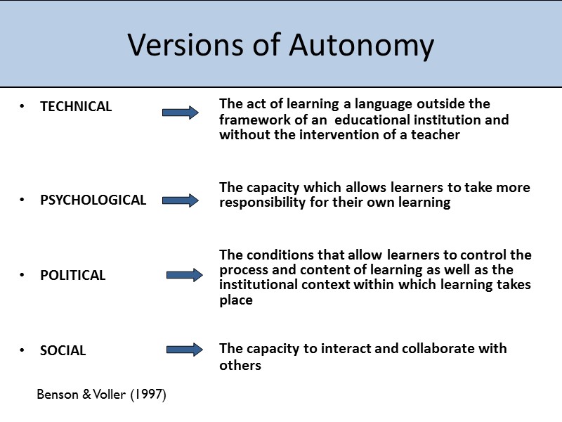 Versions of Autonomy TECHNICAL     PSYCHOLOGICAL    POLITICAL 